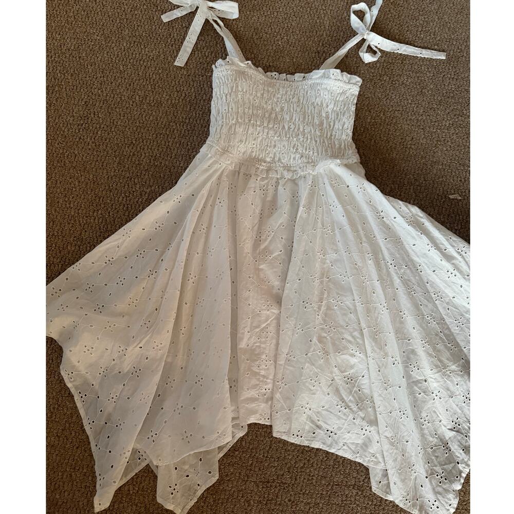White Eyelet Cotton Sundress | Cottagecore Fairy Dress Smocked Handkerchief Hem